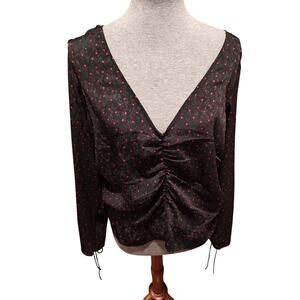 H&M Women XL Black Red Hearts Sweetheart Cinched VNeck Dark Fairy Whimisgoth